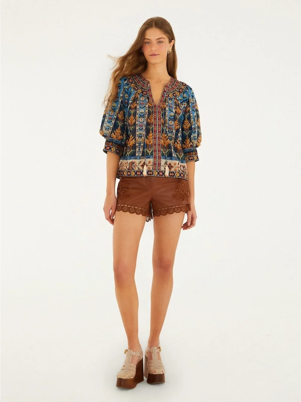 Farm Rio Blue Embroidered Tapestry Tassels Puff Sleeve Blouse